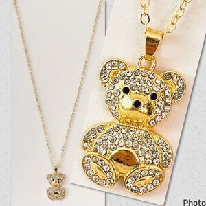 NWT Gorgeous Gold Bear Long Chain Bling Bling Necklace with White Rhinestones